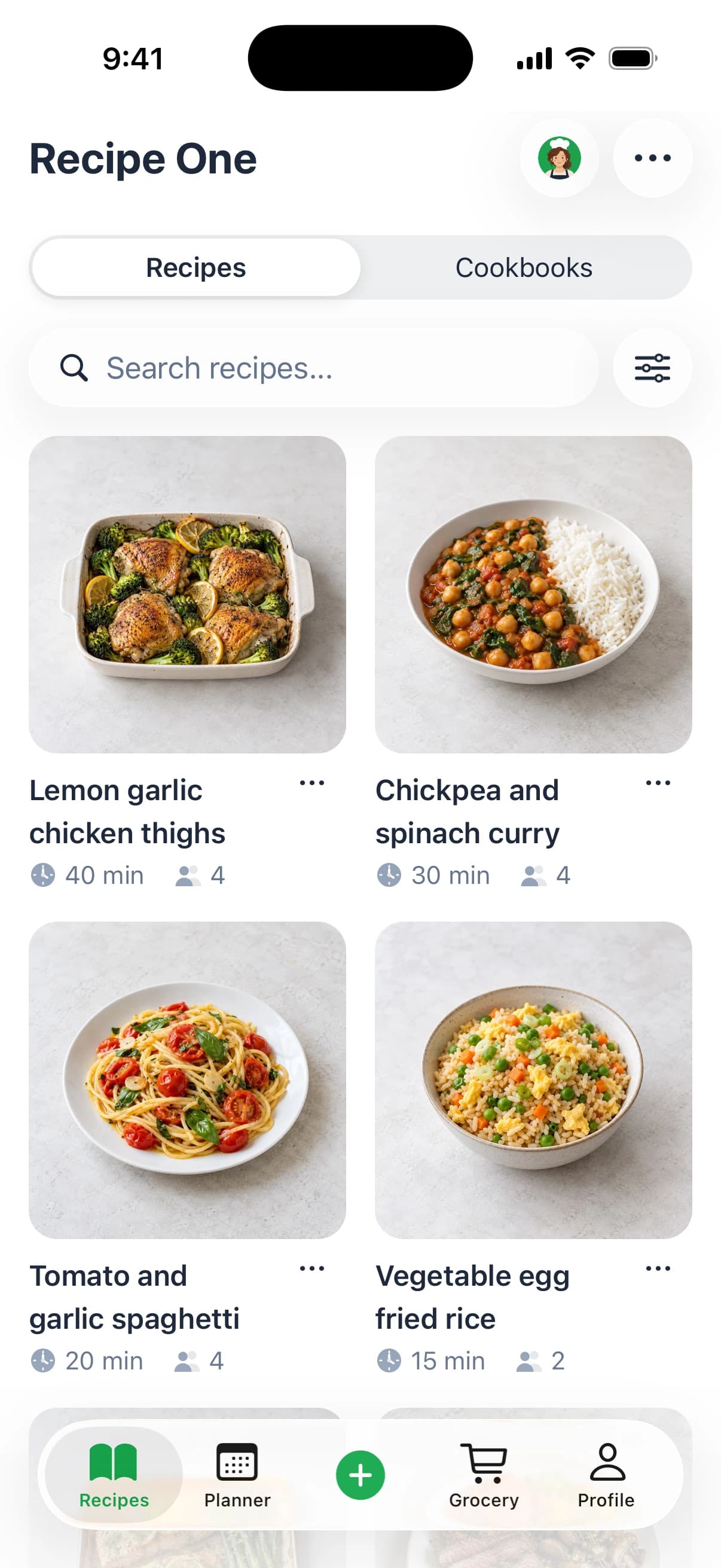 Recipe One on iPhone: the recipe library with saved recipes, cook times and servings
