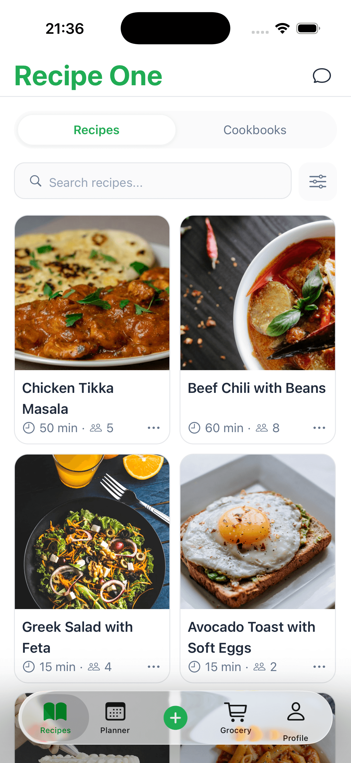 Recipe One library with saved recipes